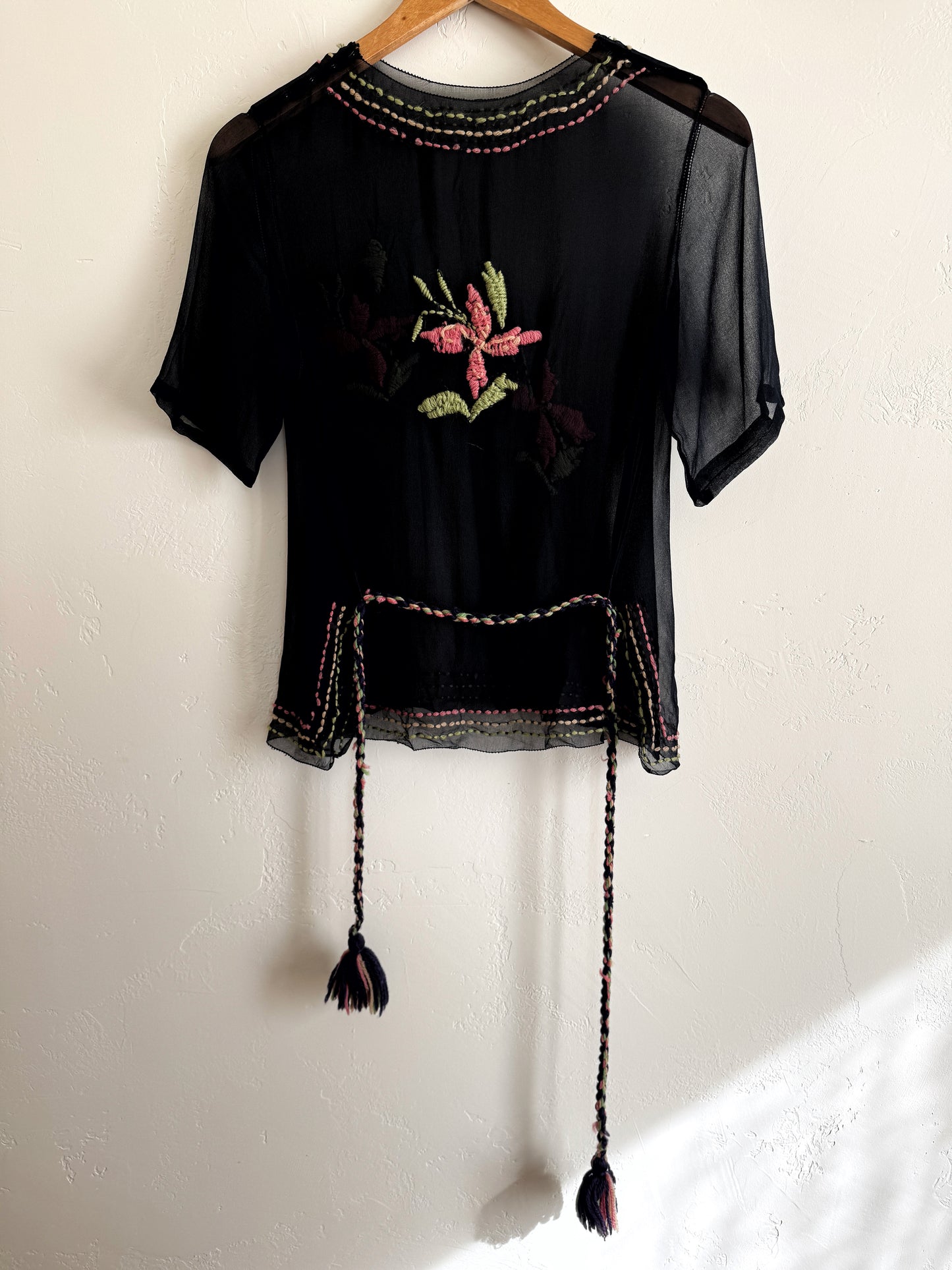 1920s Black Chiffon Top W/ Floral Embroidery- S