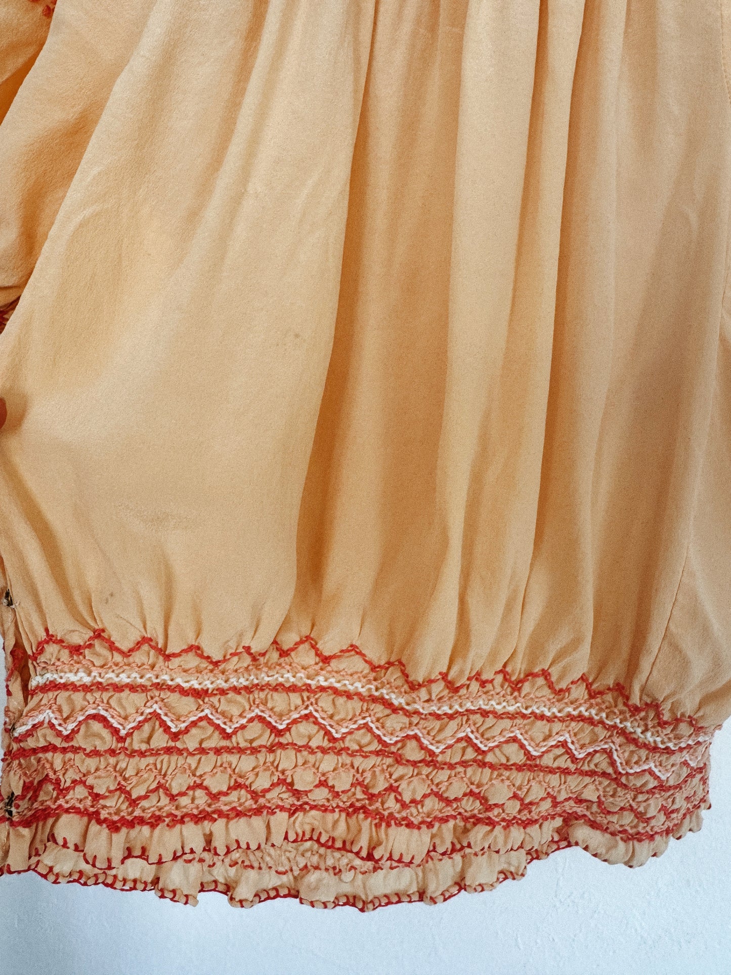 1930s Peach Silk Hungarian Peasant Blouse w/ Floral + Butterfly Embroidery- S/M