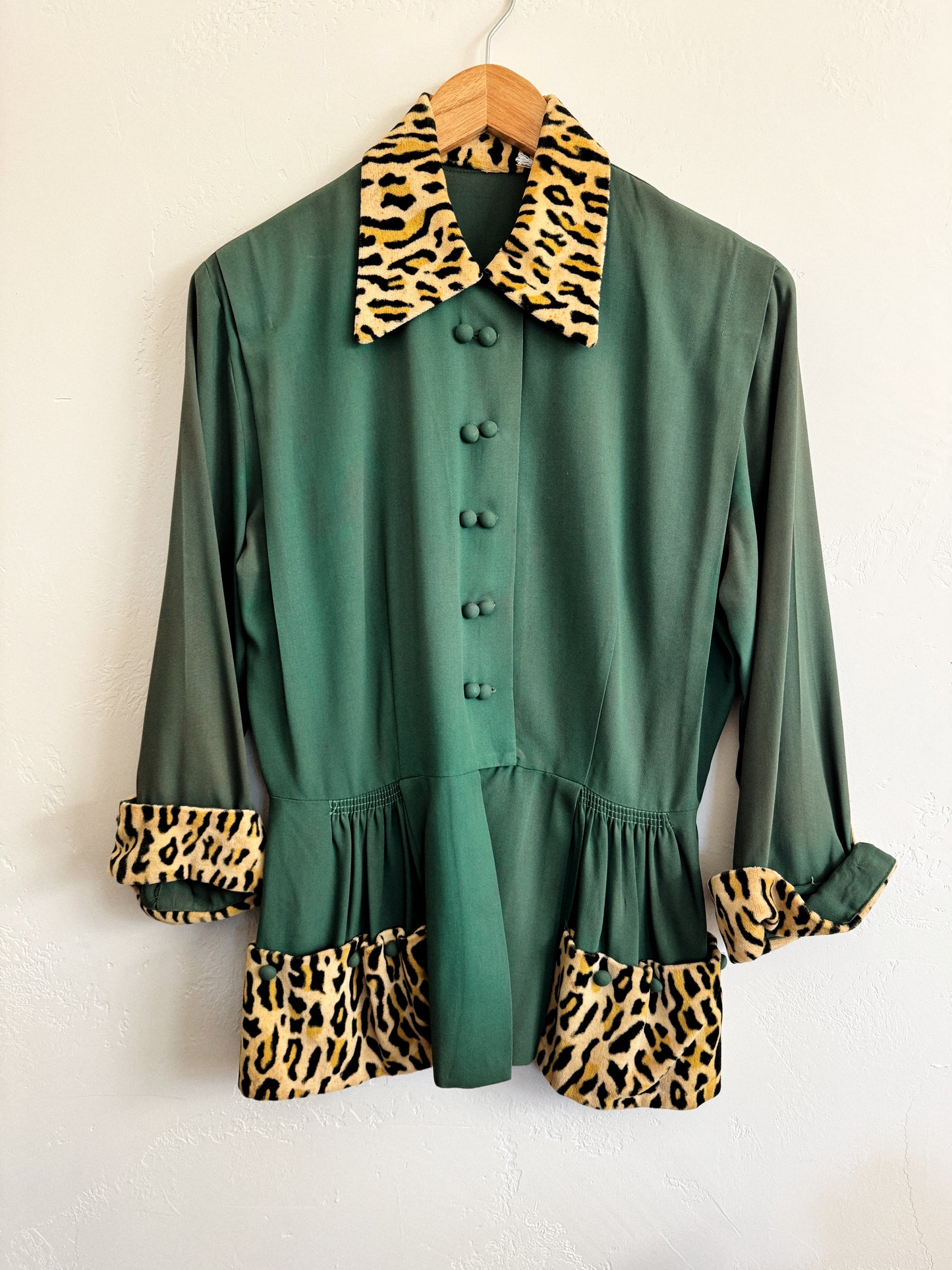 1940s Emerald Rayon + Leopard Jacket w/ Peplum- M