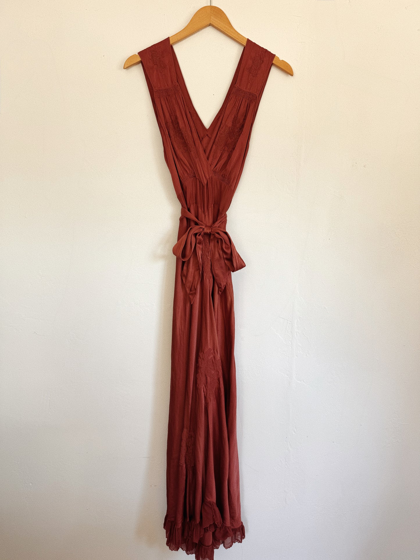 1930s Cocoa Silk Gown w/ Floral Embroidery- S-M