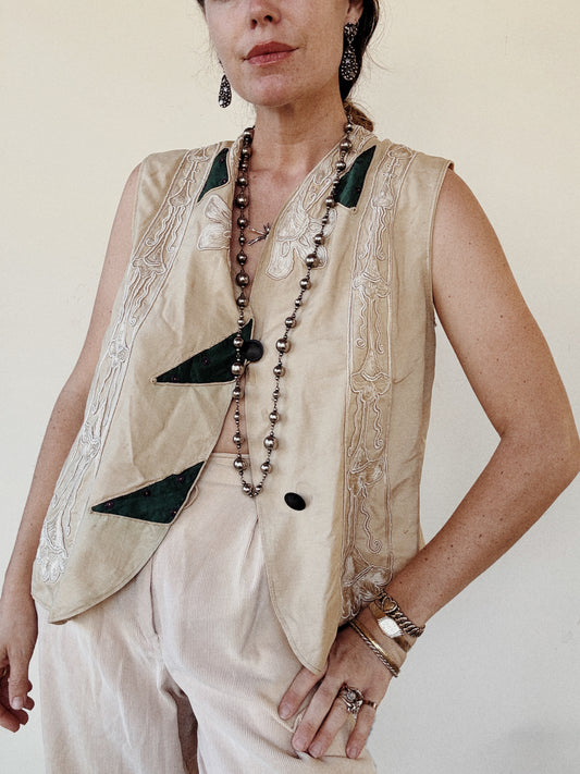 Antique Ecru Art Nouveau Silk Patchwork Vest