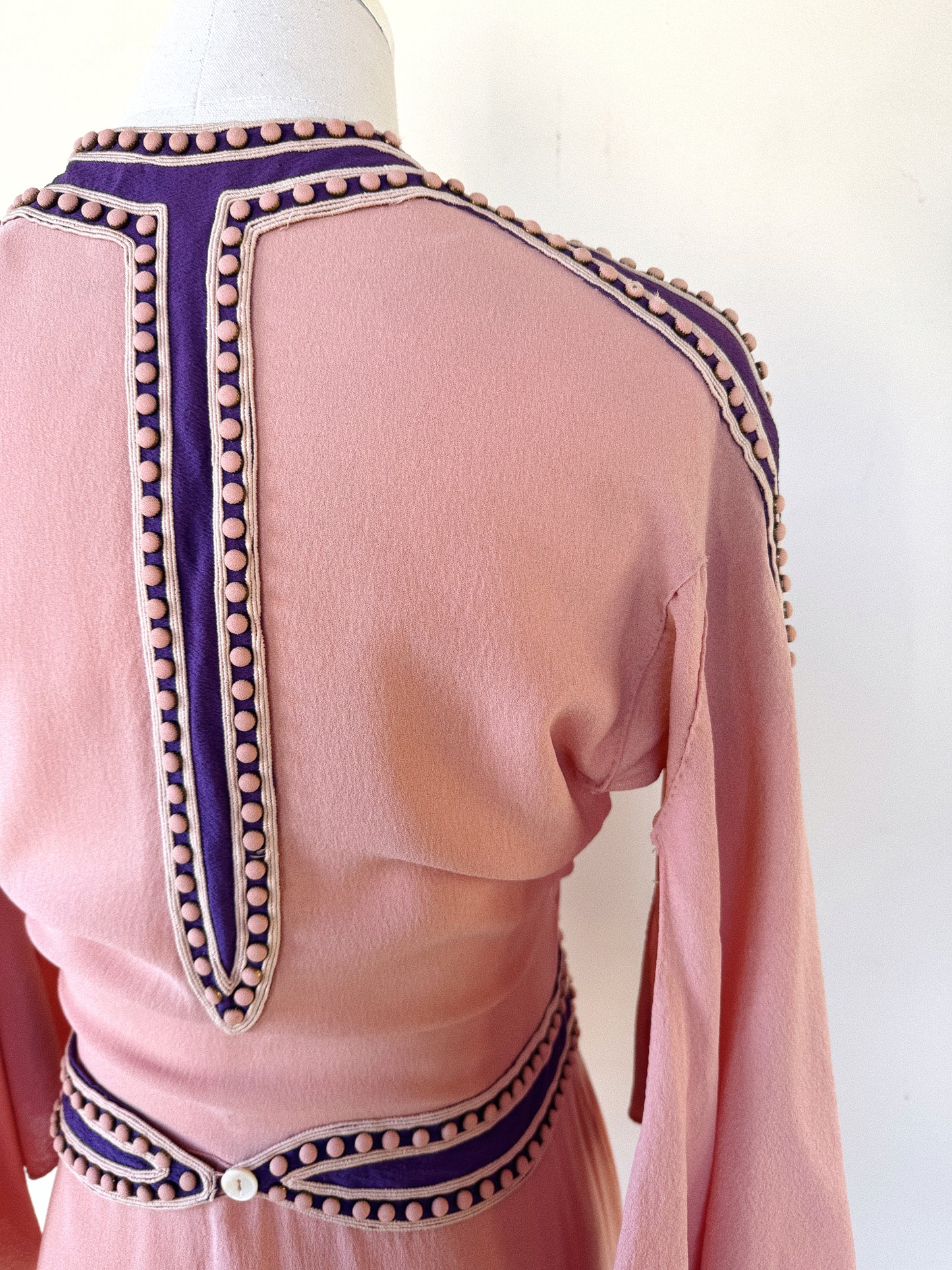 1930s Raspberry + Grape Sherbet Crepe Wrap Dress w/ Studs + Angel Sleeves- S/M