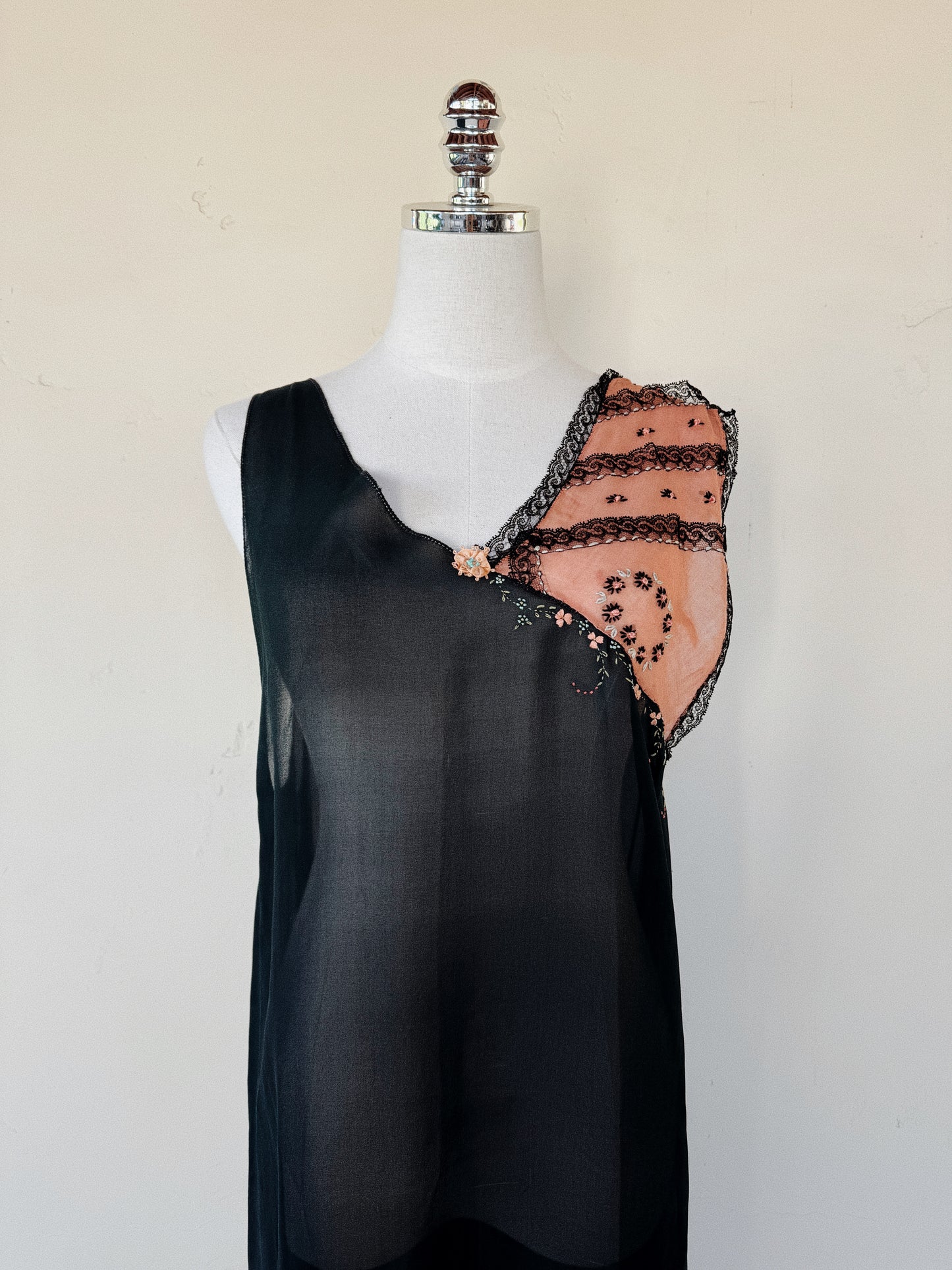 1920s Black Chiffon + Salmon Embroidered Shift Dress w/ Handkerchief Hem- M