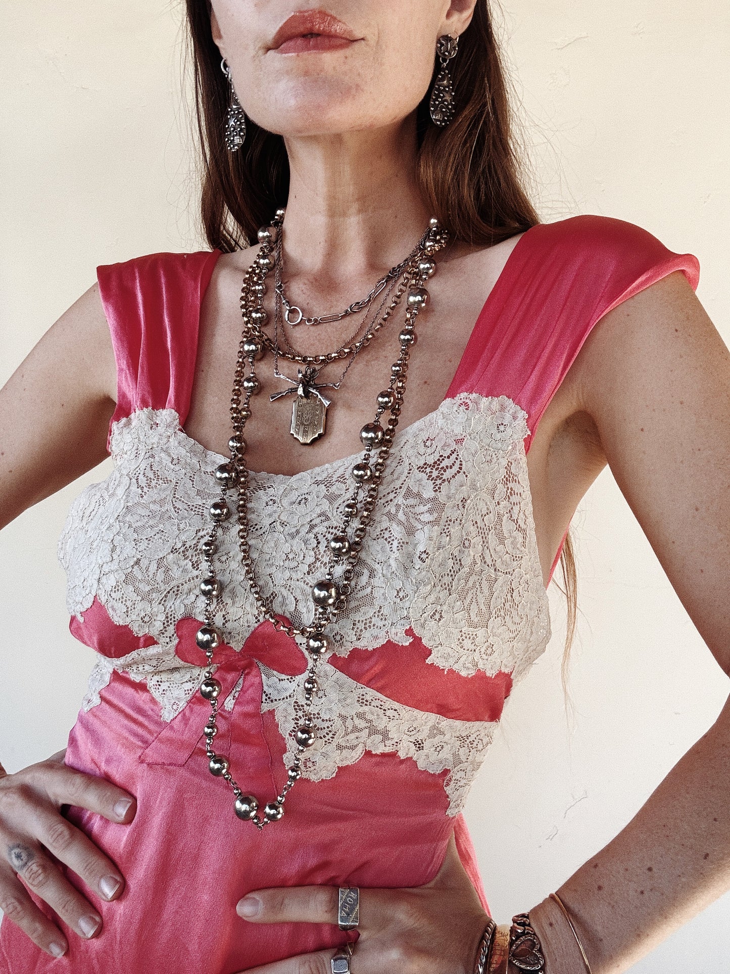 1930s Fuchsia Candy Pink Silk Slip Dress w/ Lace + Bow Appliqué- S/M