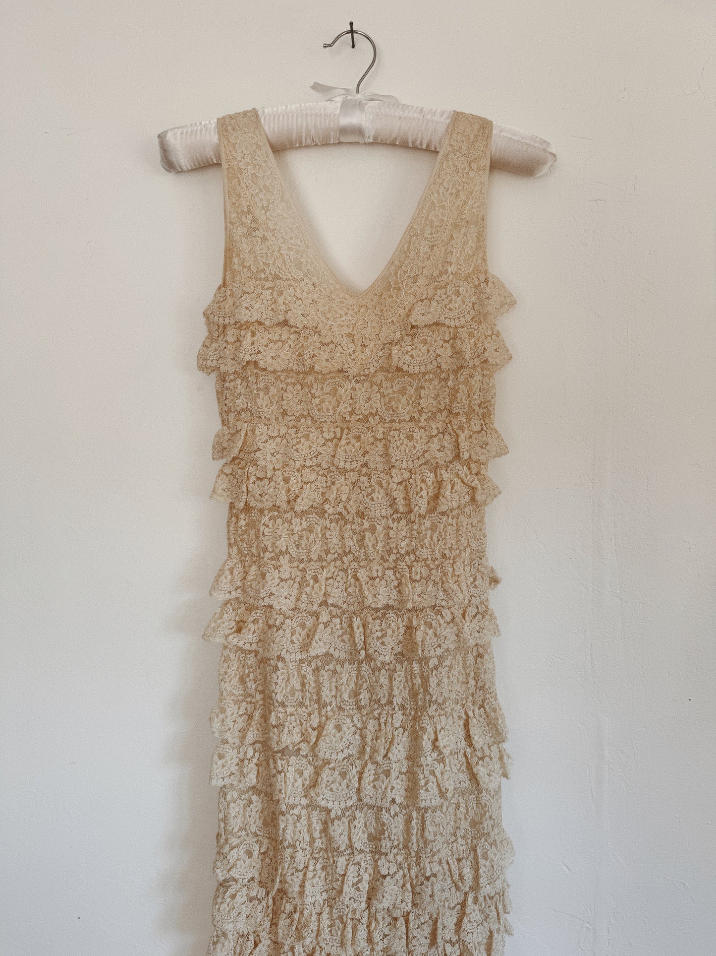 1930s Ecru Lace Tiered Ruffle Gown w/ Fishtail Hem- XS-S