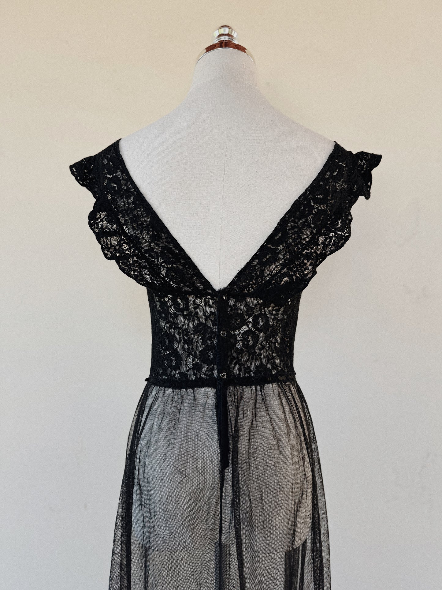 1930s/40s French Black Lace + Bobbinet Flutter Shoulder Slip Dress- S
