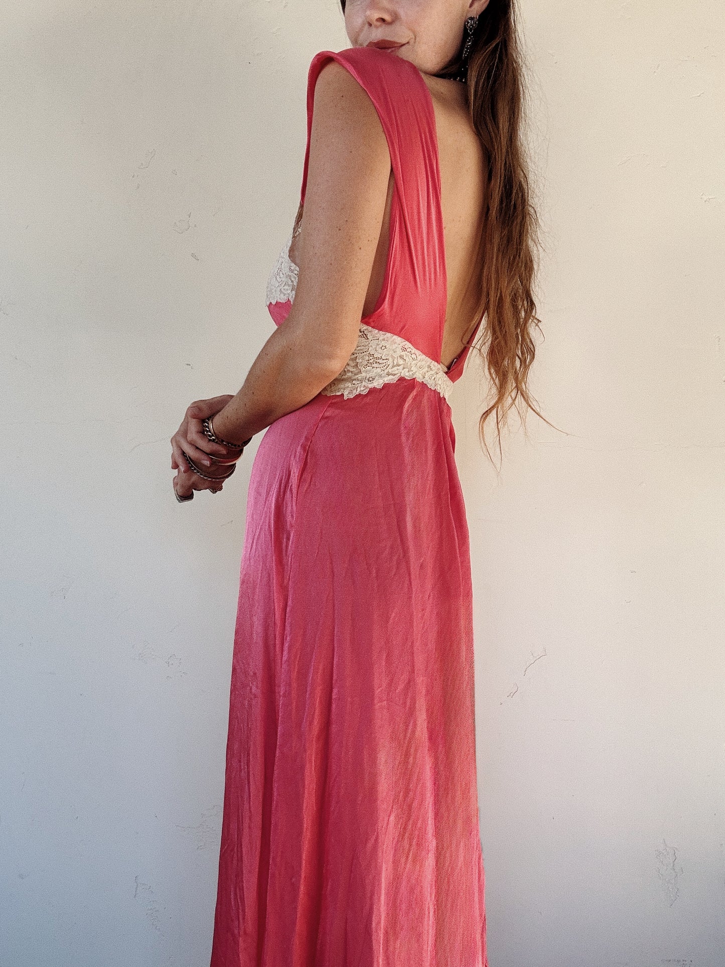 1930s Fuchsia Candy Pink Silk Slip Dress w/ Lace + Bow Appliqué- S/M
