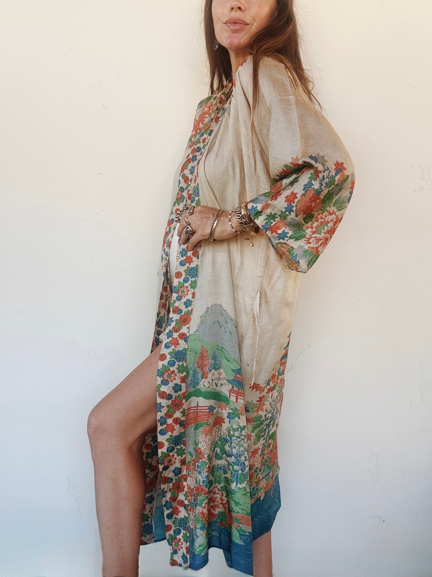 1920s Pongee Silk Printed Duster Robe- O/S