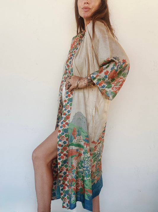 1920s Pongee Silk Printed Duster Robe- O/S