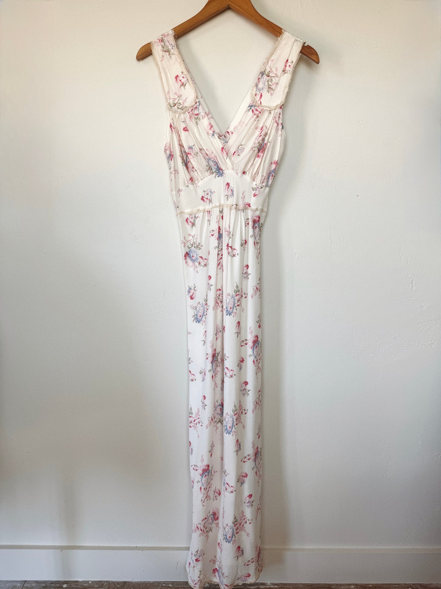 1940s White Spring Wildflower Cold Rayon Slip Dress- S-S/M