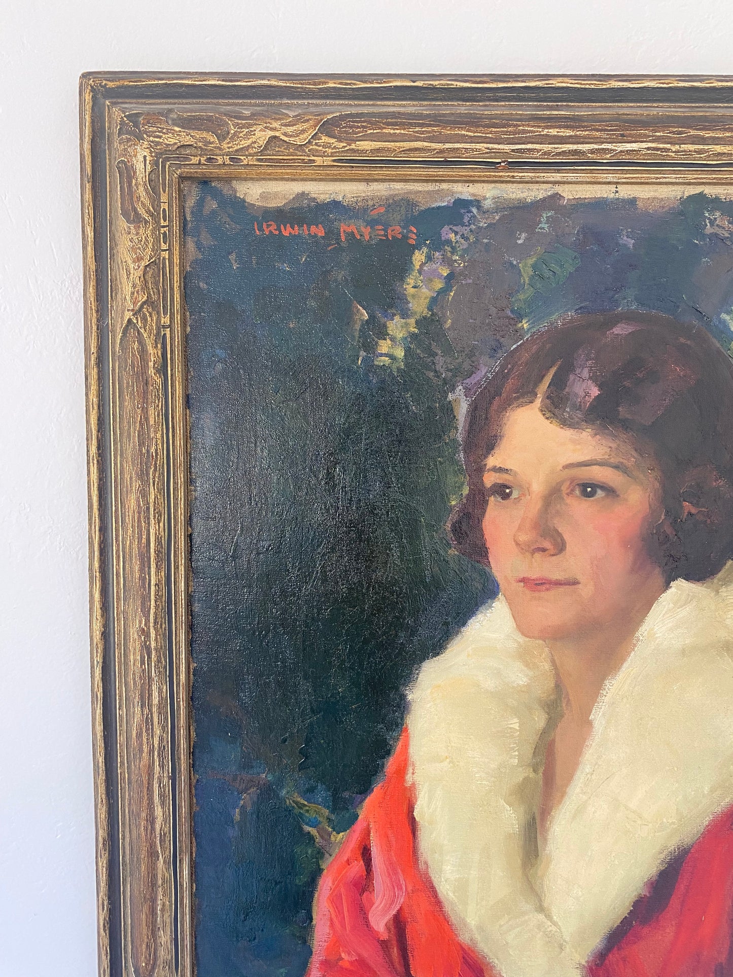 1920s Framed Portrait of A Women in a Coral Opera Coat by Irwin Myers- 25x29”