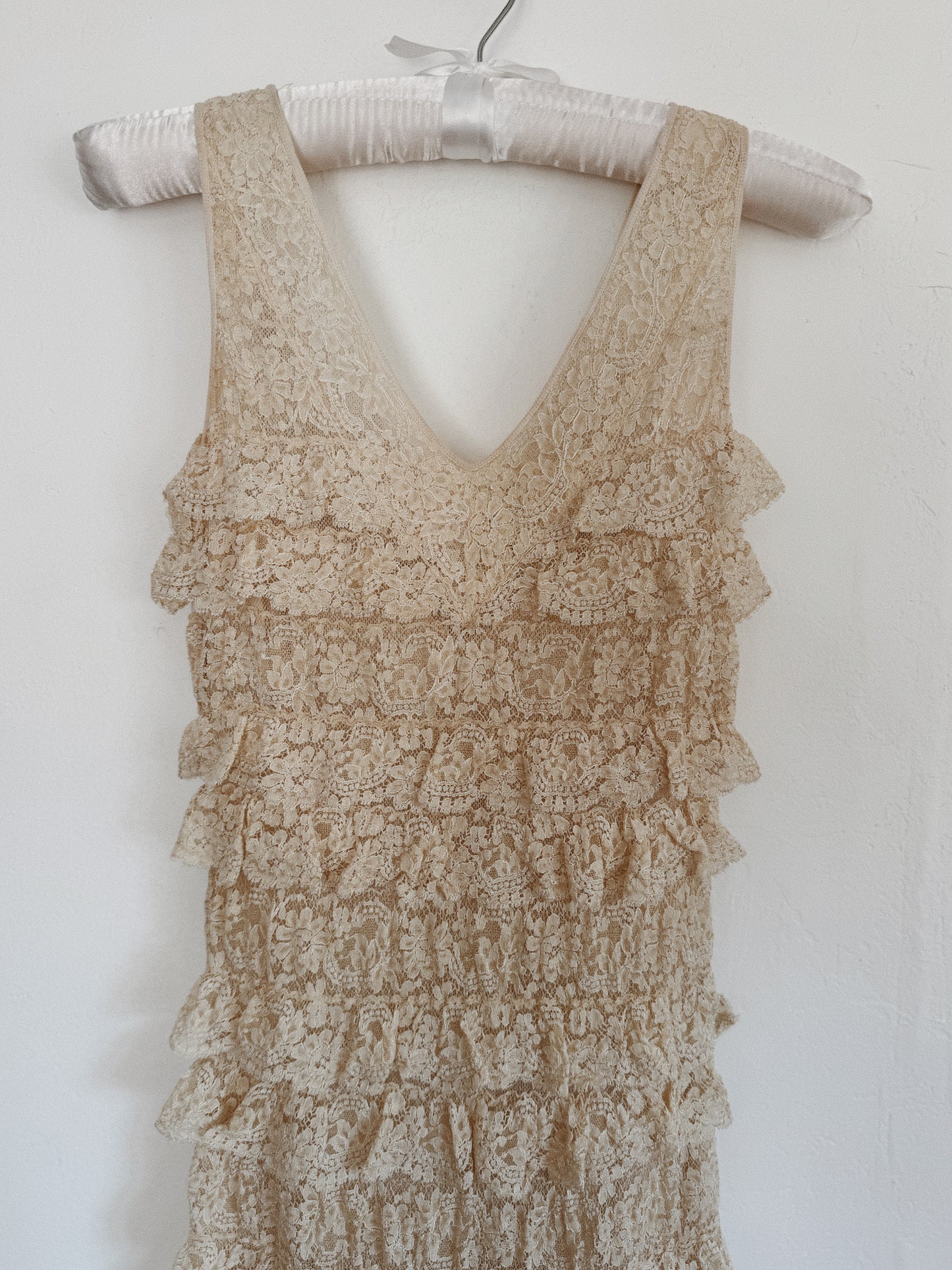 1930s Ecru Lace Tiered Ruffle Gown w/ Fishtail Hem- XS-S