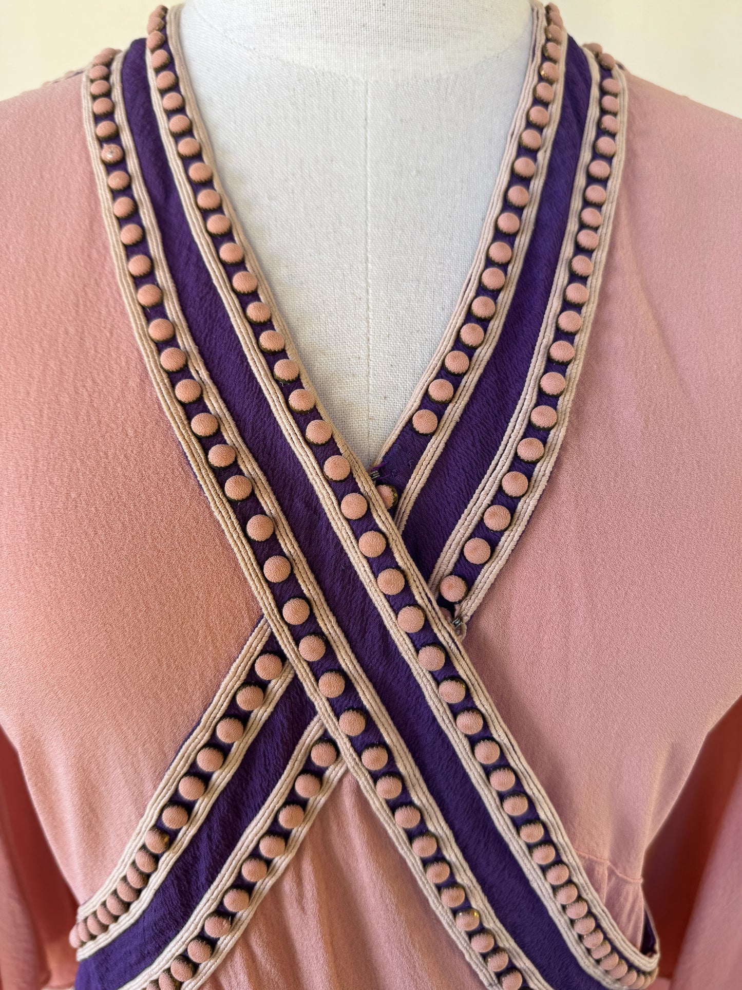 1930s Raspberry + Grape Sherbet Crepe Wrap Dress w/ Studs + Angel Sleeves- S/M