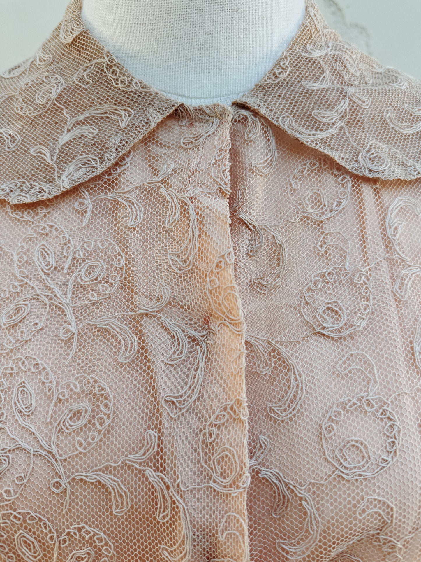 1930s Champagne + Pink Lace Dress w/ Puffed Shoulders- S/M-M