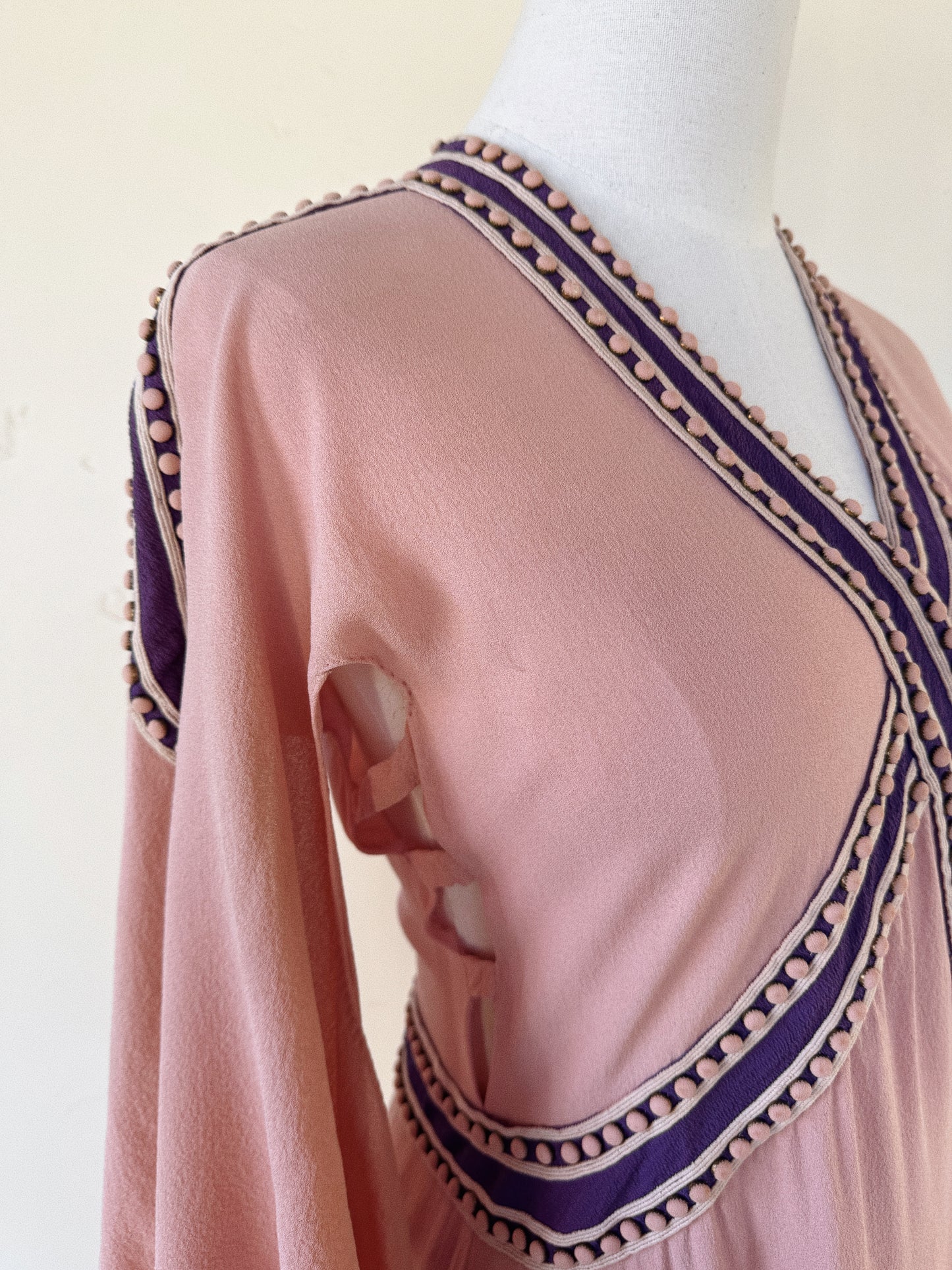 1930s Raspberry + Grape Sherbet Crepe Wrap Dress w/ Studs + Angel Sleeves- S/M