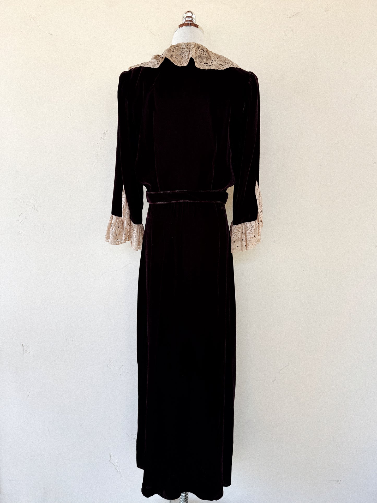 1930s/40s Aubergine Velvet + French Lace Dress w/ Rhinestones- S/M