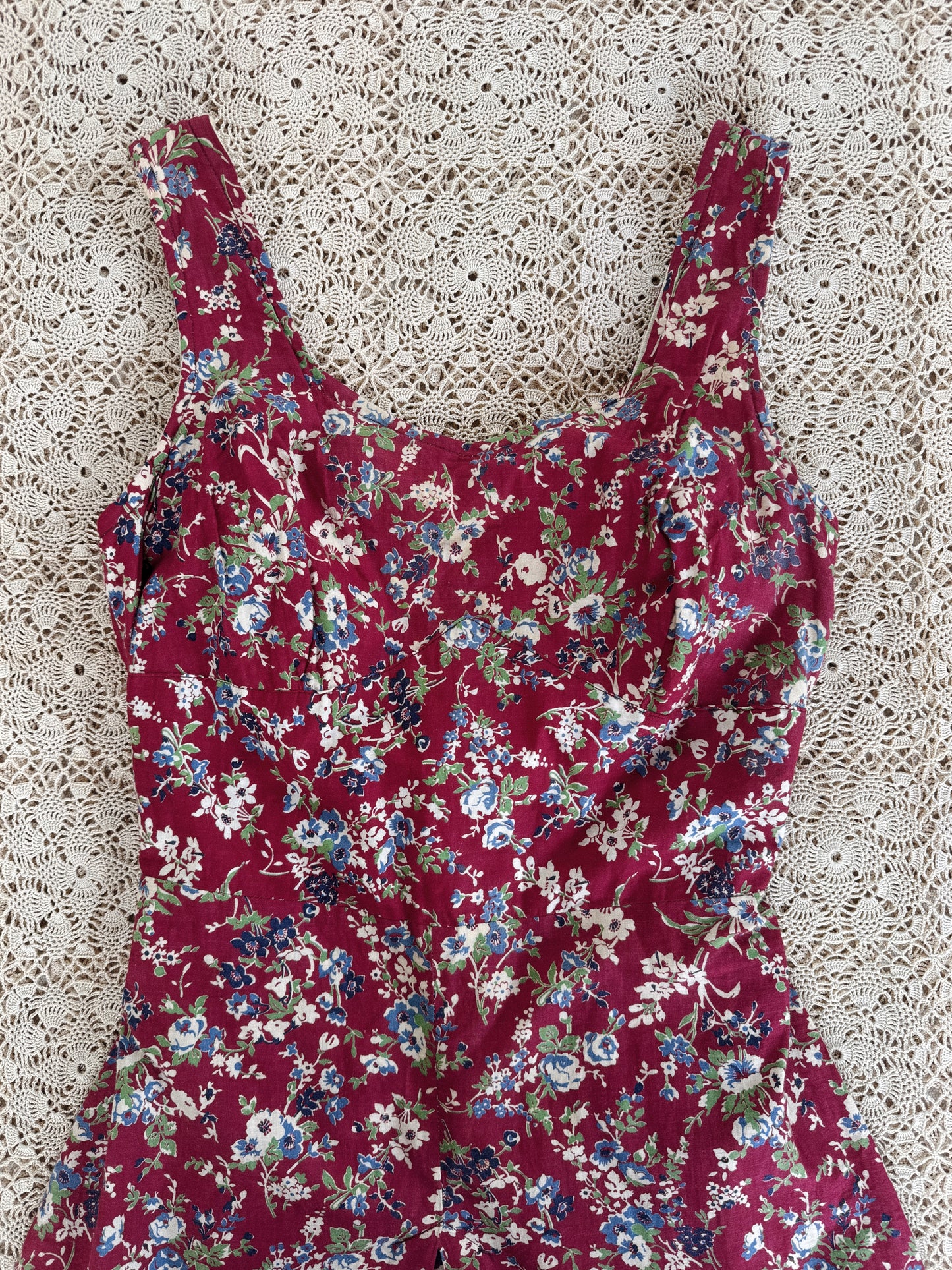 1940s Burgundy Spring Bloom Feedsack Playsuit- S-S/M