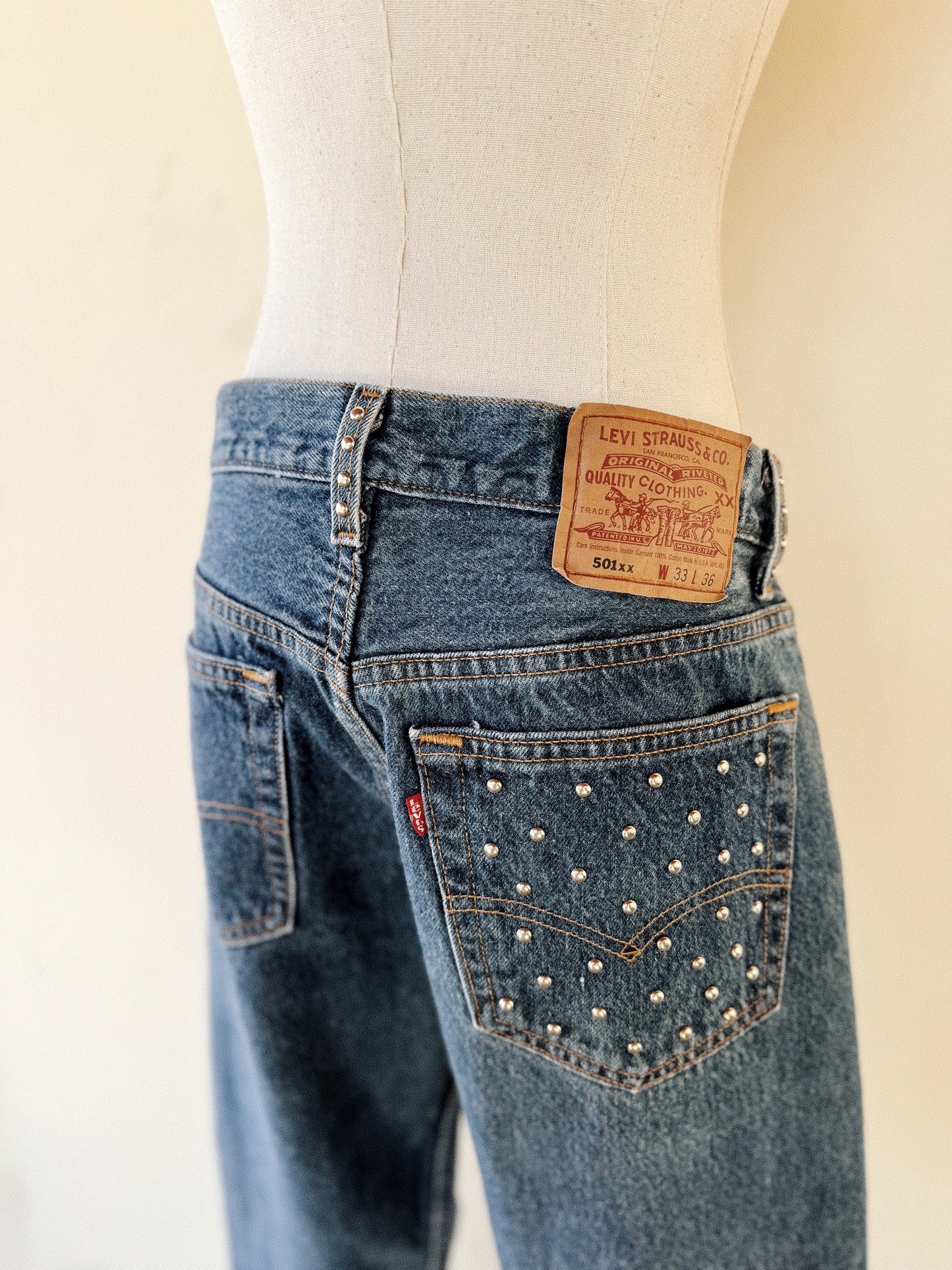 1990s Vintage Medium Wash Studded Levi’s 501s- 32” Waist