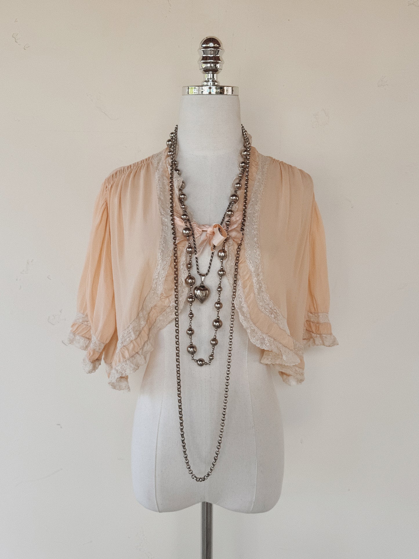 1930s Blossom Pink Silk Chiffon Bed Jacket w/ Lace Trim- S-M/L