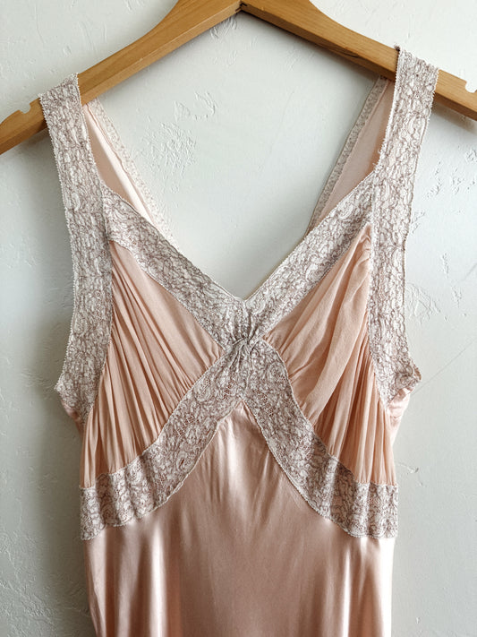 1930s Blush Pink Rayon Chiffon + Lace Slip Dress- S/M