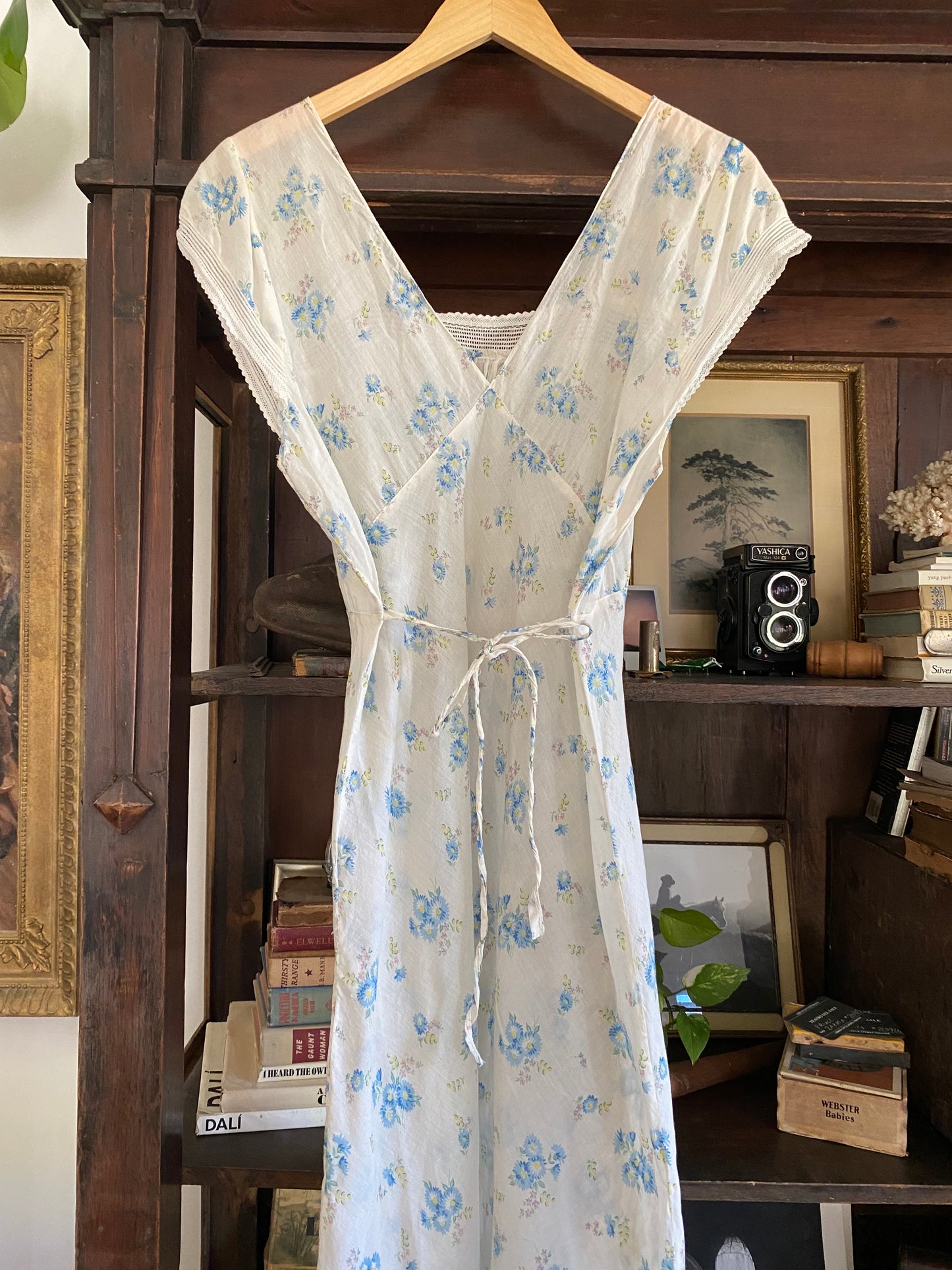 1930s/40s White + Cornflower Blue Batiste Cotton Slip Dress- M/L
