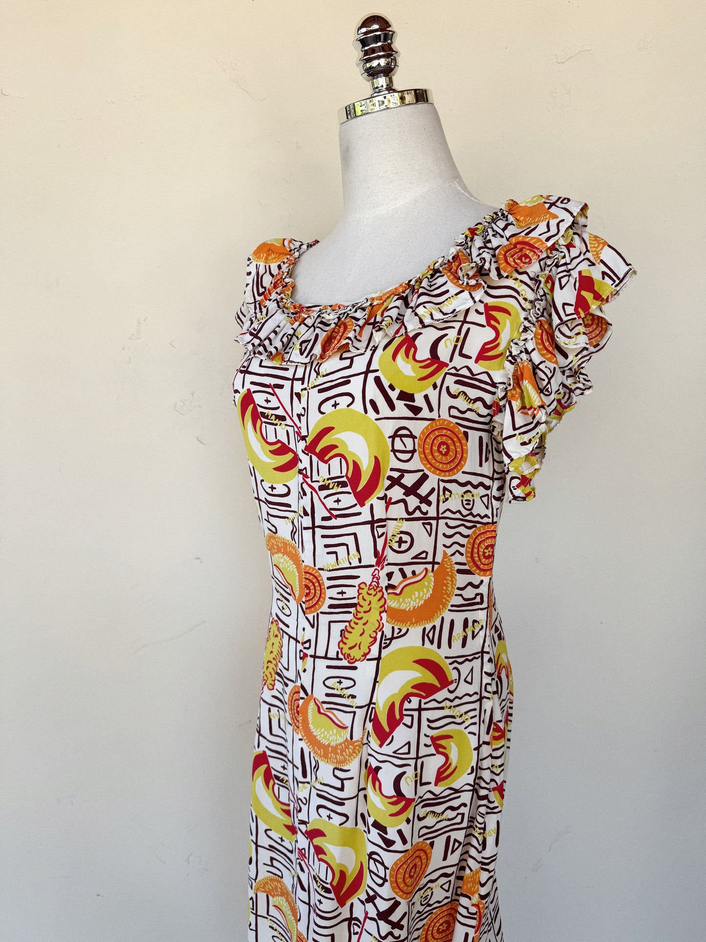 1940s Quirky Chartreuse Hawaiian Holoku Gown w/ Train- S/M