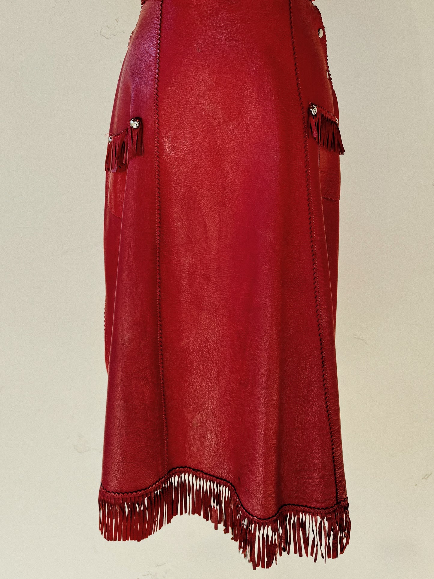 1930s/40s Western Oxblood Red Leather Fringe Cowgirl Skirt- S