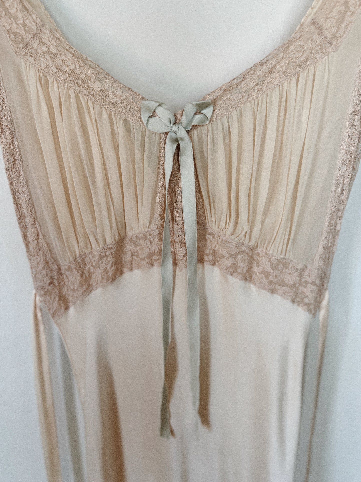 1930s Ivory Silk + Chiffon Slip Dress w/ Pale Blue Bow- XS-S