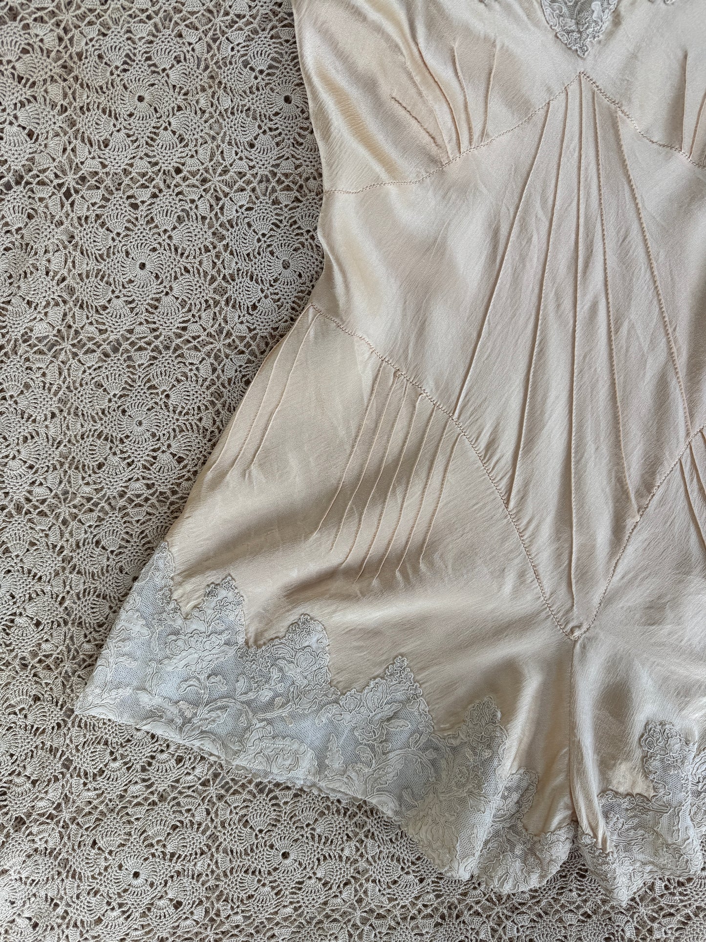 1930s Ivory Charmeuse Silk + French Lace Hand Sewn Step In- XS-S