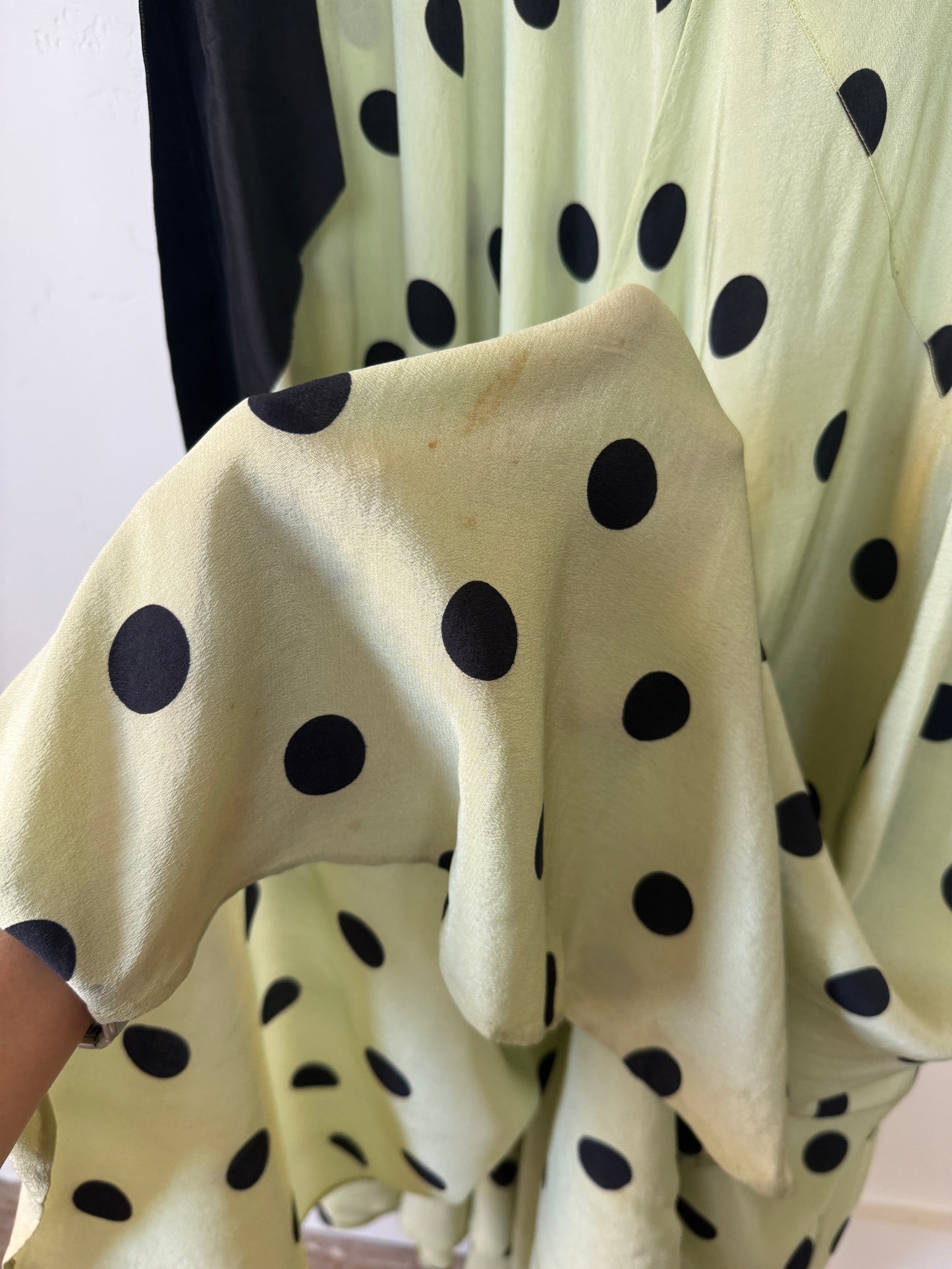 1930s Mint + Black Polka Dot Silk Draped Gown w/ Velvet Bows- S/M
