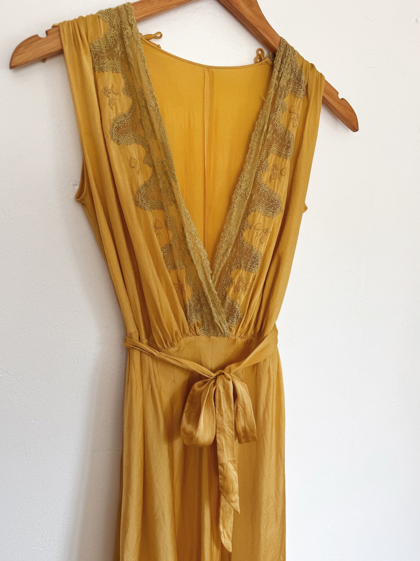1930s Golden Saffron Silk Clover Embroidered Slip Dress- S-S/M