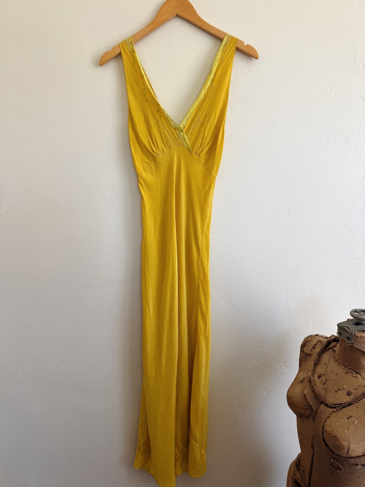 1930s/40s Marigold Silk Embroidered Slip Dress- S