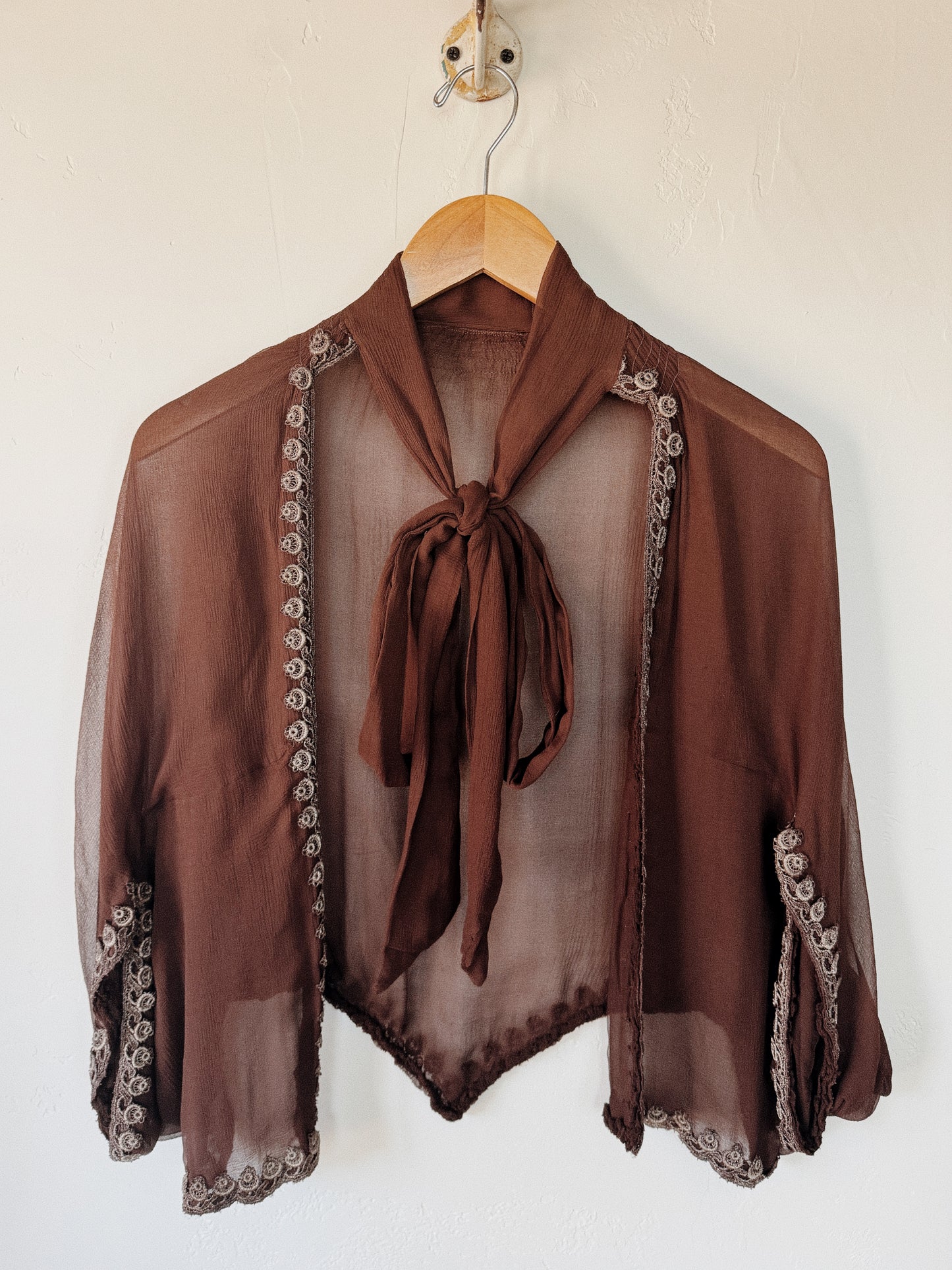 1930s Mocha Crinkle Silk Chiffon Shrug Jacket- S-L