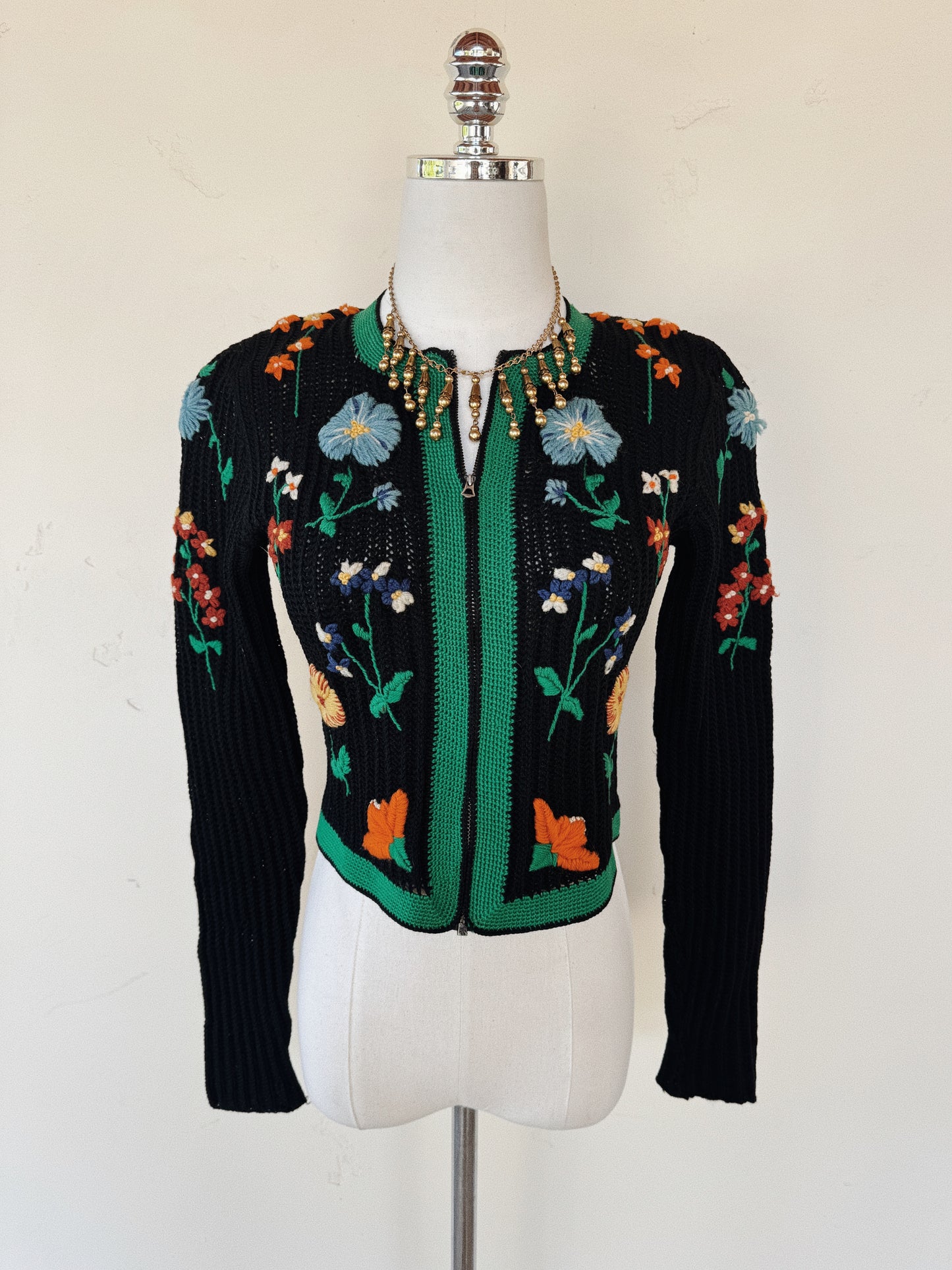 1930s Rare Embroidered Cropped Knit Cardigan w/ Bell Zipper Front- S/M-M