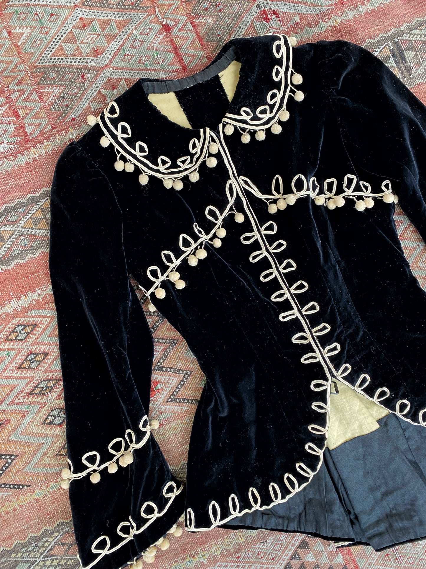 Victorian Black Velvet Tailored Jacket w/ Pom Poms and Peter Pan Collar- S