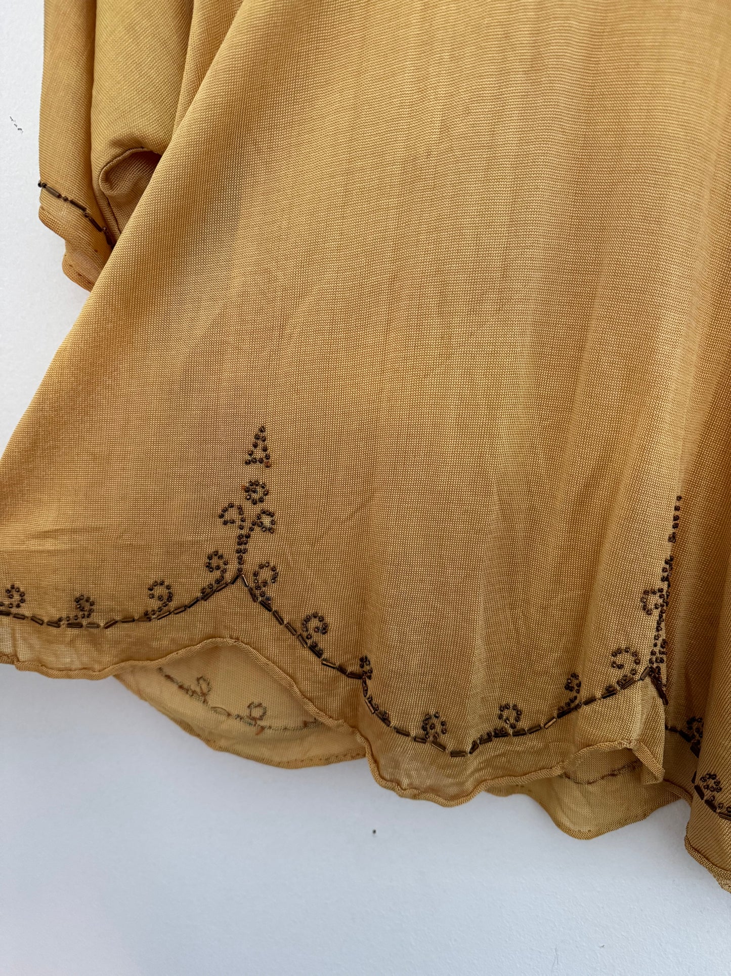1920s Mustard Silk Jersey Knit Beaded Blouse w/ Tasseled Sash- M/L