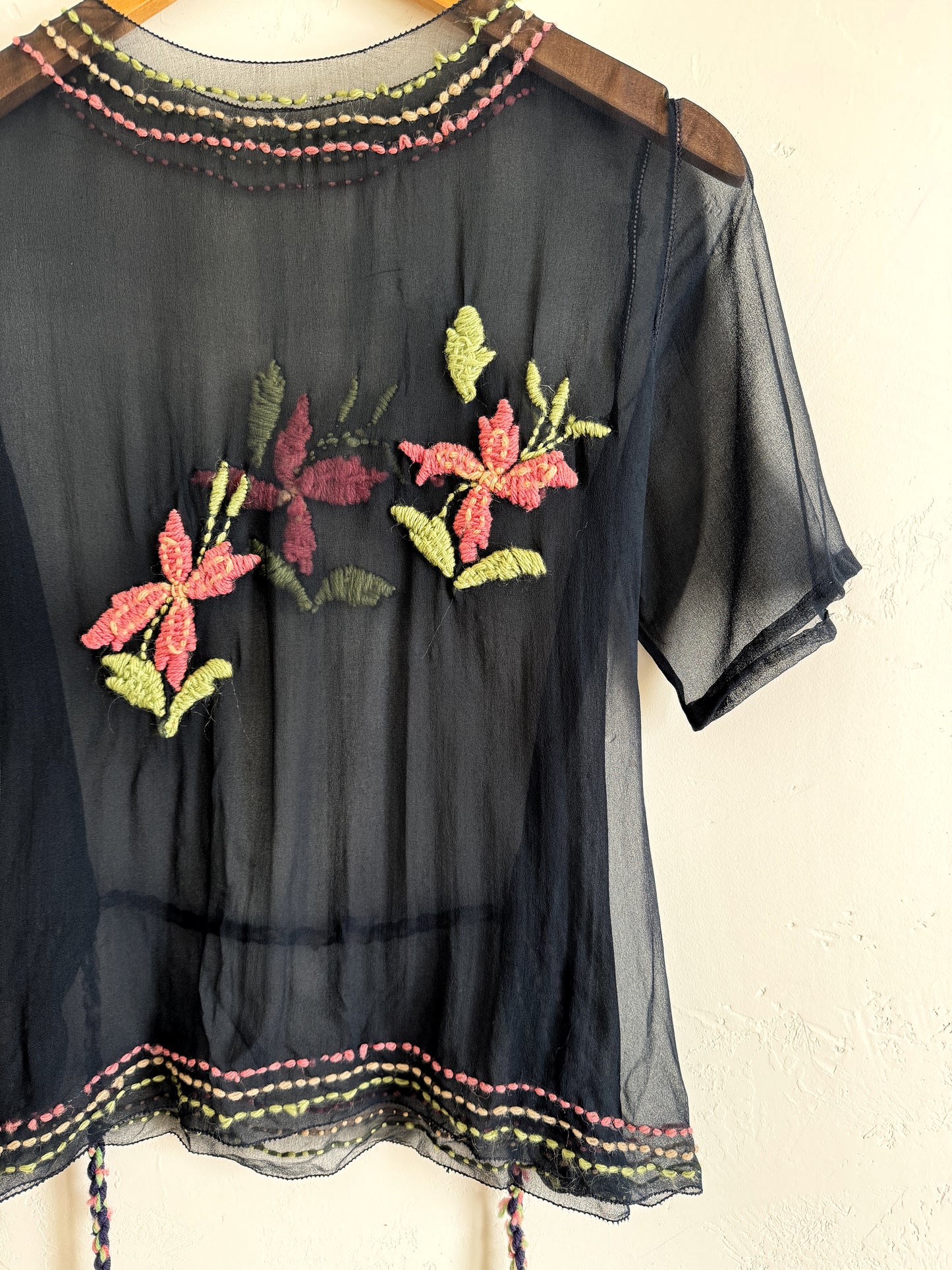1920s Black Chiffon Top W/ Floral Embroidery- S