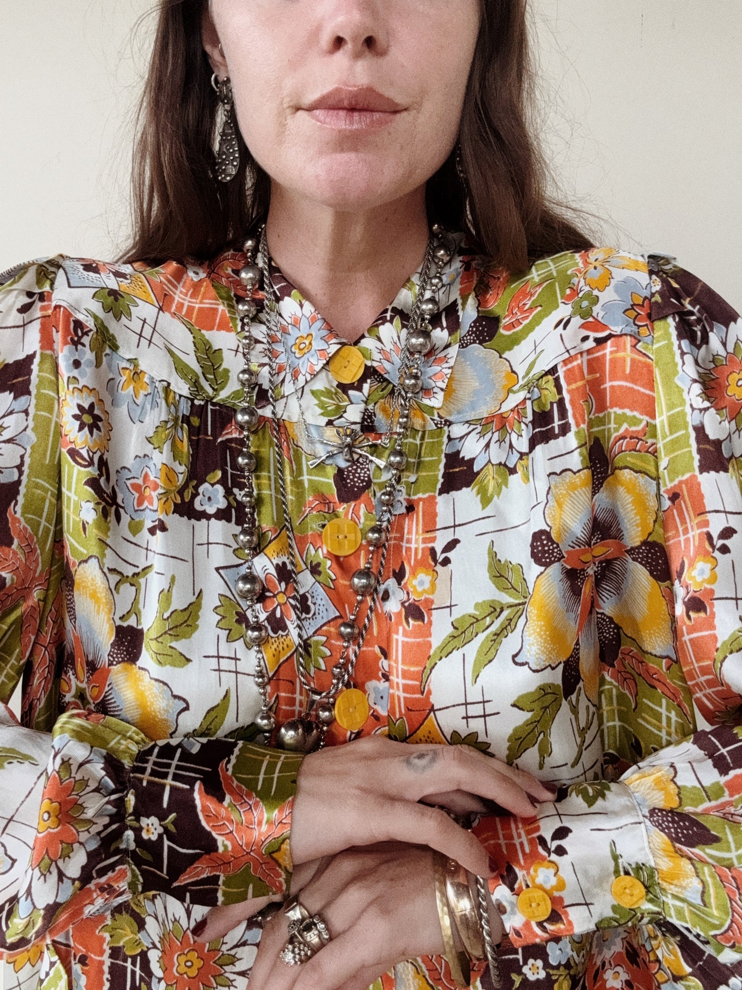 1940s Chartreuse + Orange Passionflower Satin Smock Jacket