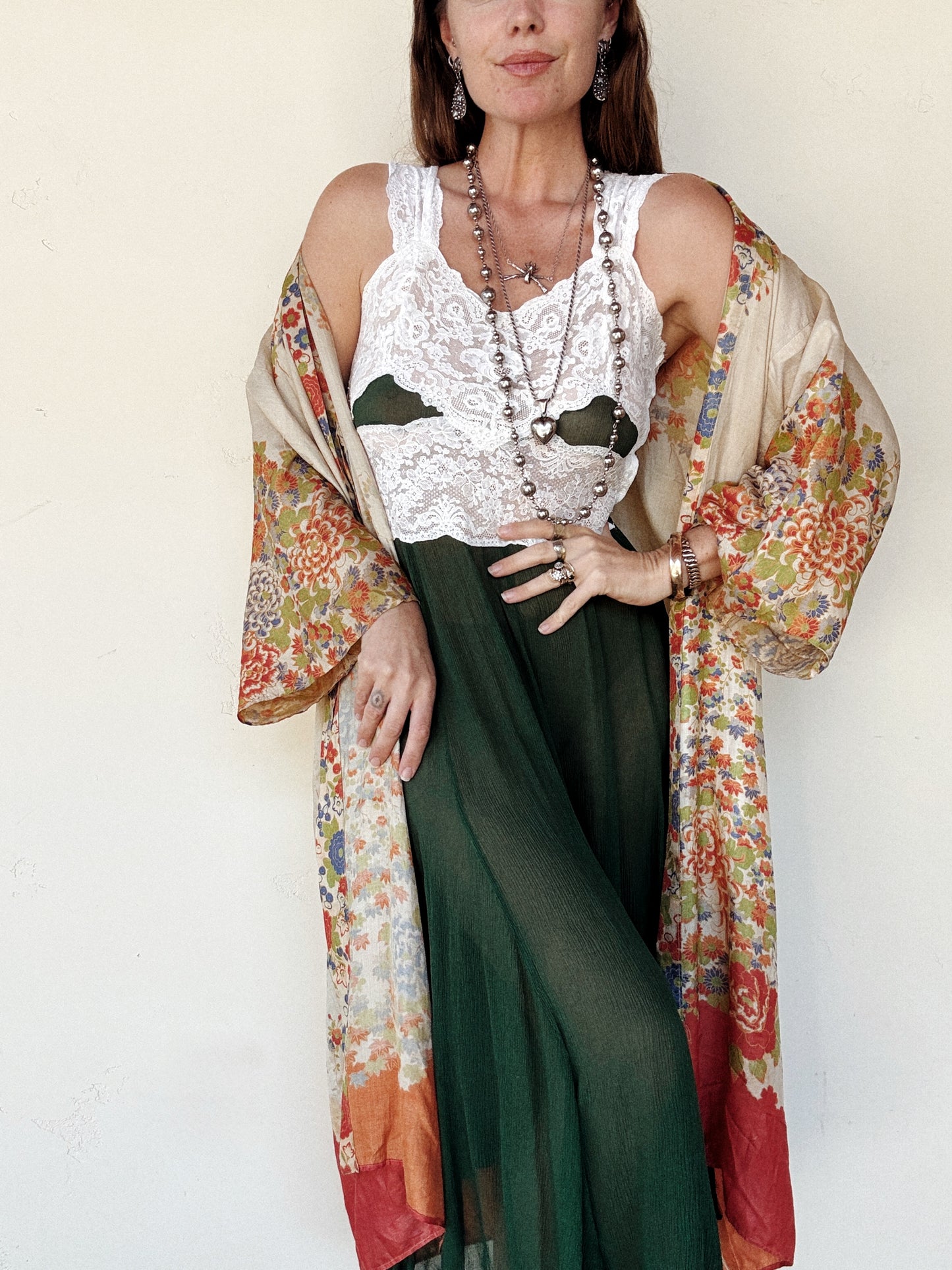 1920s Unique Chartreuse + Orange Pongee Silk Duster Robe