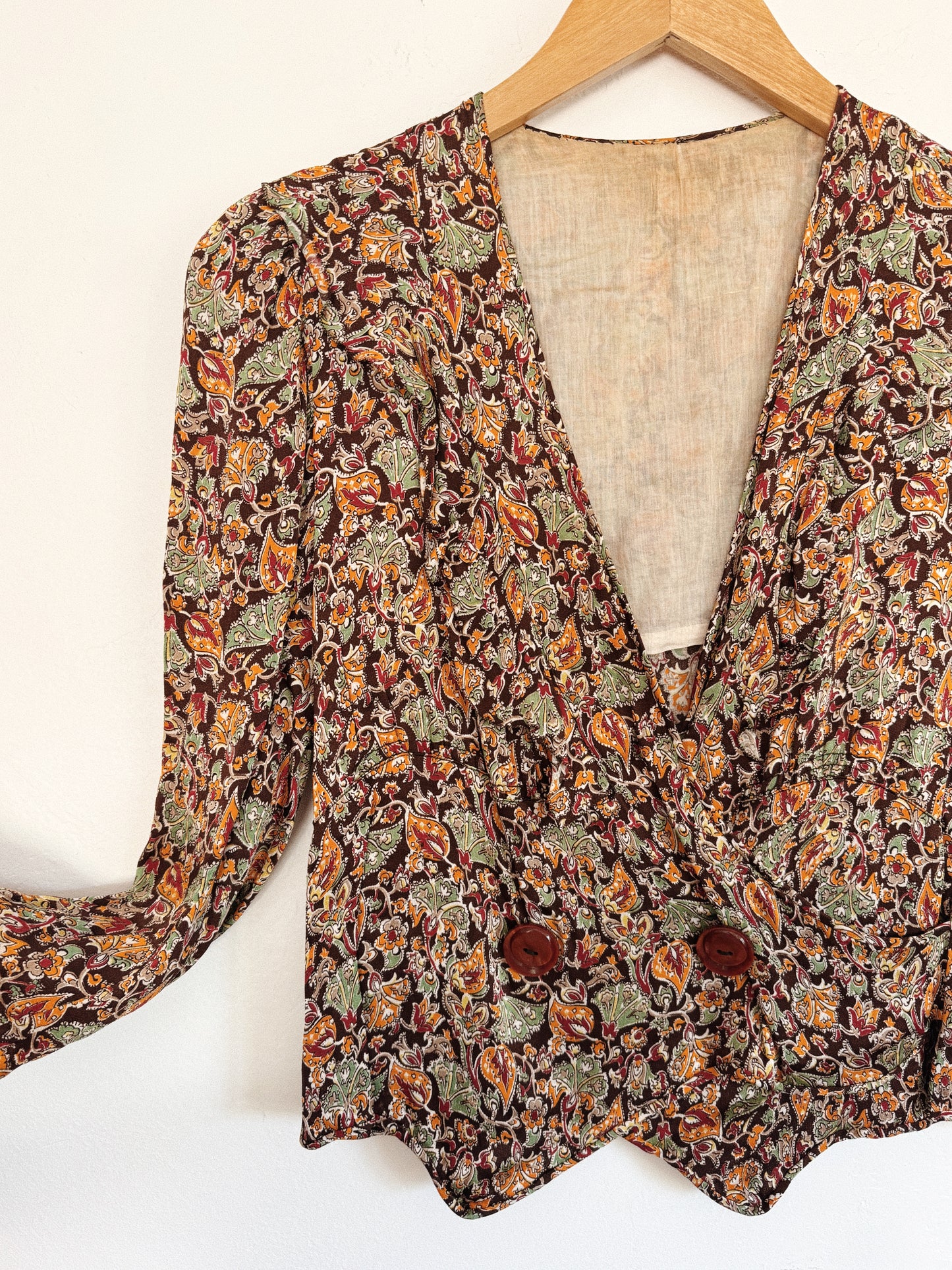 1930s Paisley Rayon Charmeuse Cropped Blouse- S-S/M
