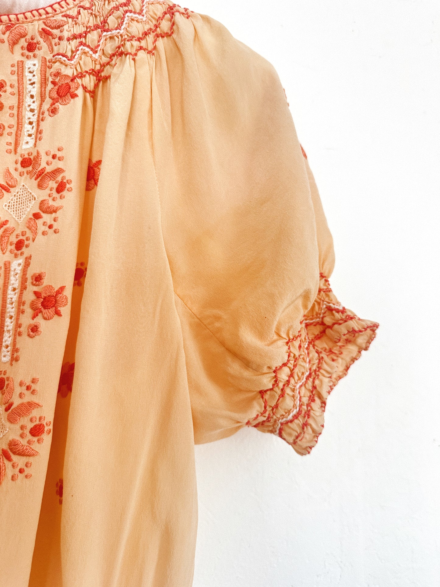 1930s Peach Silk Hungarian Peasant Blouse w/ Floral + Butterfly Embroidery- S/M