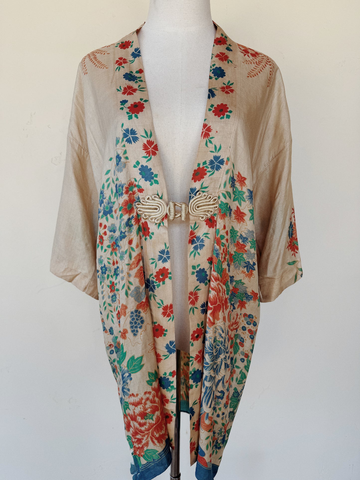 1920s Vivid Pongee Silk Duster Jacket w/ Frog Closure