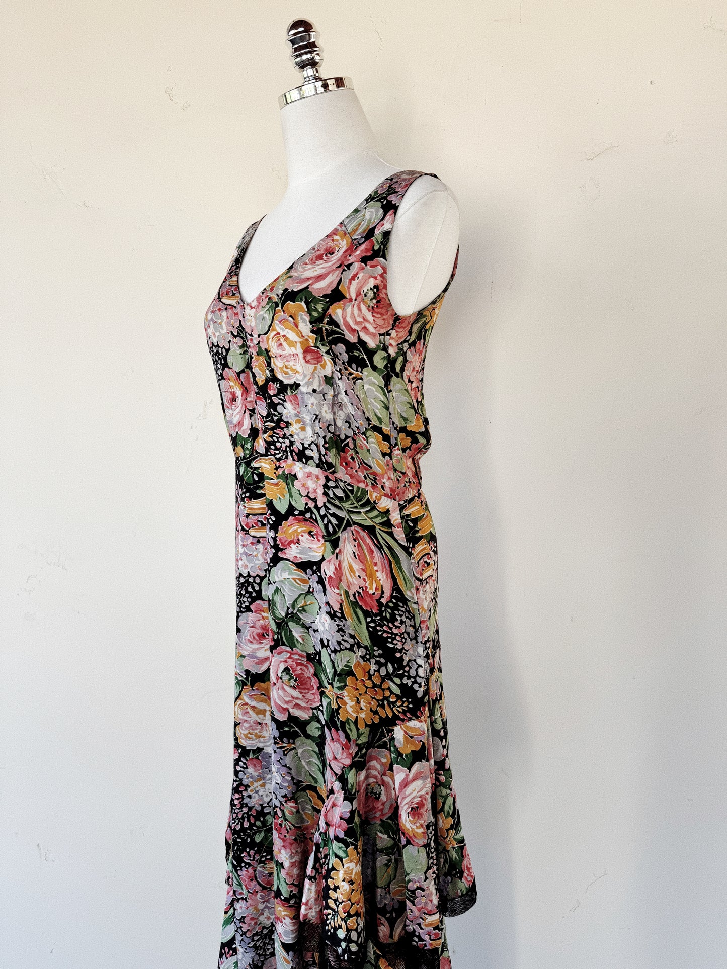 1930s Black Multicolor Floral Silk Gown w/ Mesh Trim- S/M