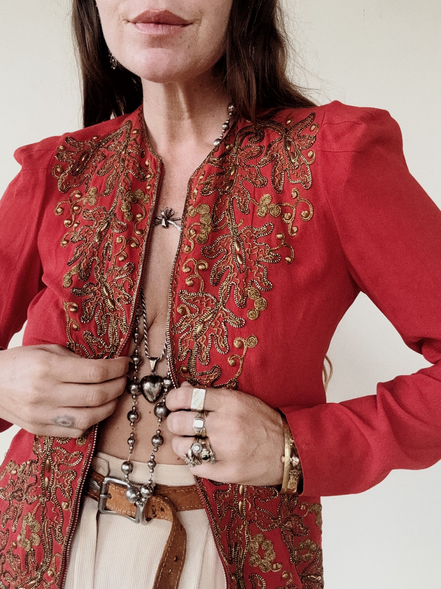 1930s Heavily Studded Muted Red Jacket w/ Gold Bullion- S/M-M