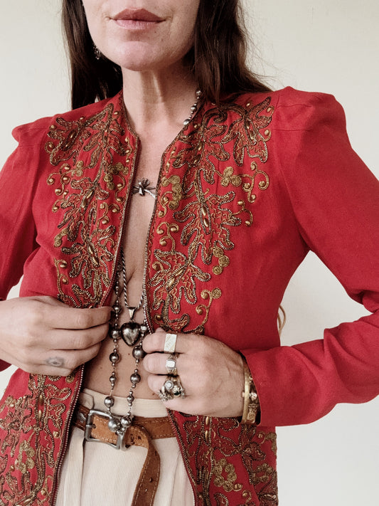 1930s Heavily Studded Muted Red Jacket w/ Gold Bullion- S/M-M