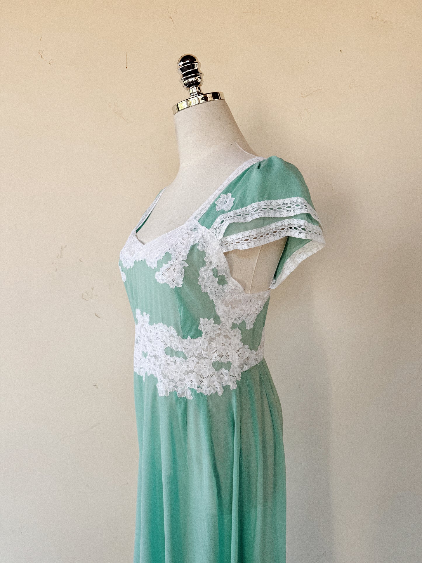 1930s Aquamarine Silk Chiffon + Lace Slip Dress- S-S/M