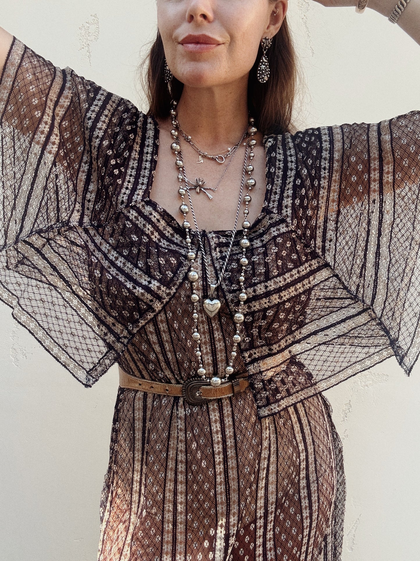 1920s/30s Purple + Cream Net Dress w/ Large Caplet Collar- M-L