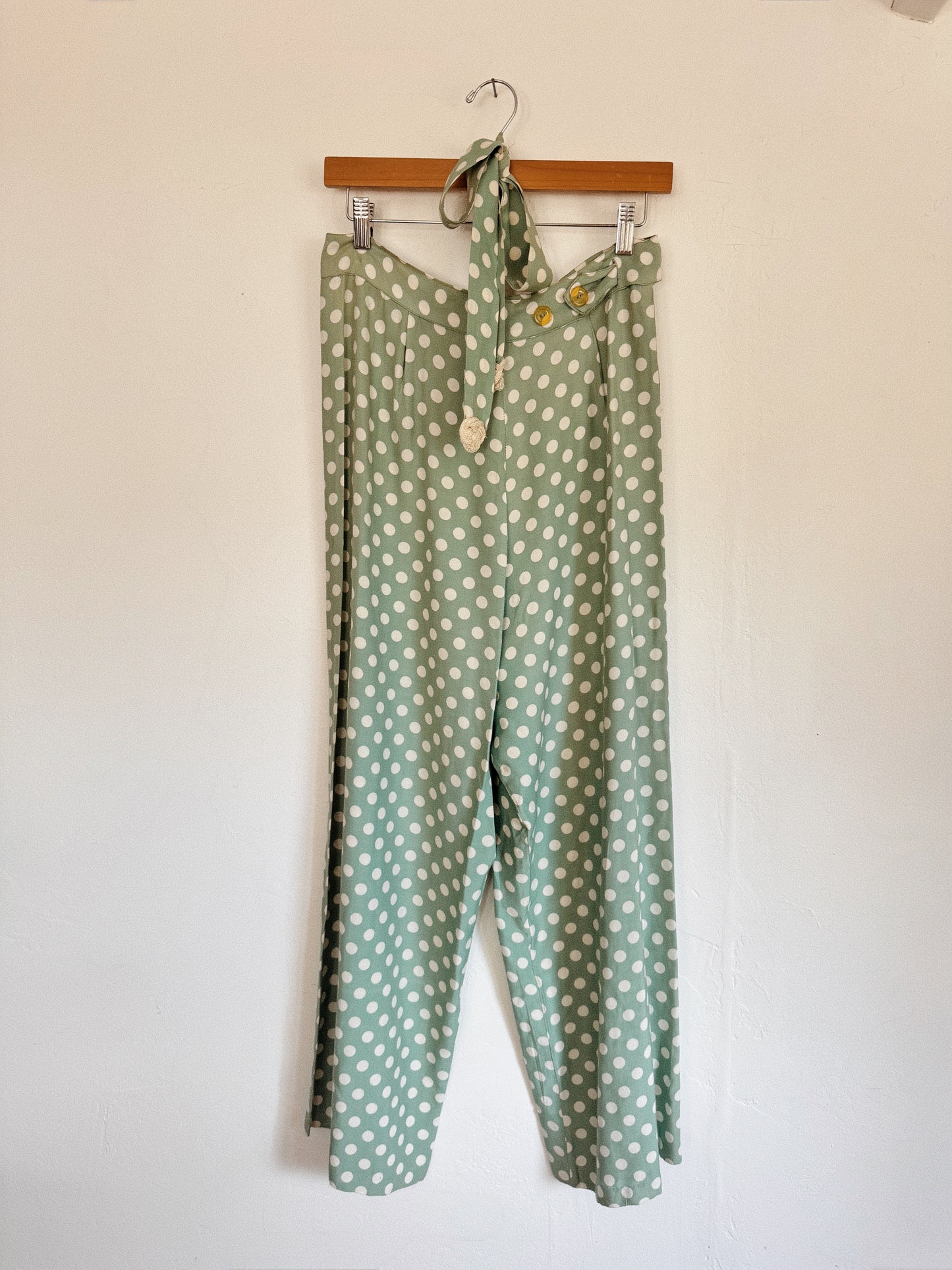 1940s Sea Foam Polka Dot Rayon Lounge Pants w/ Sash- M