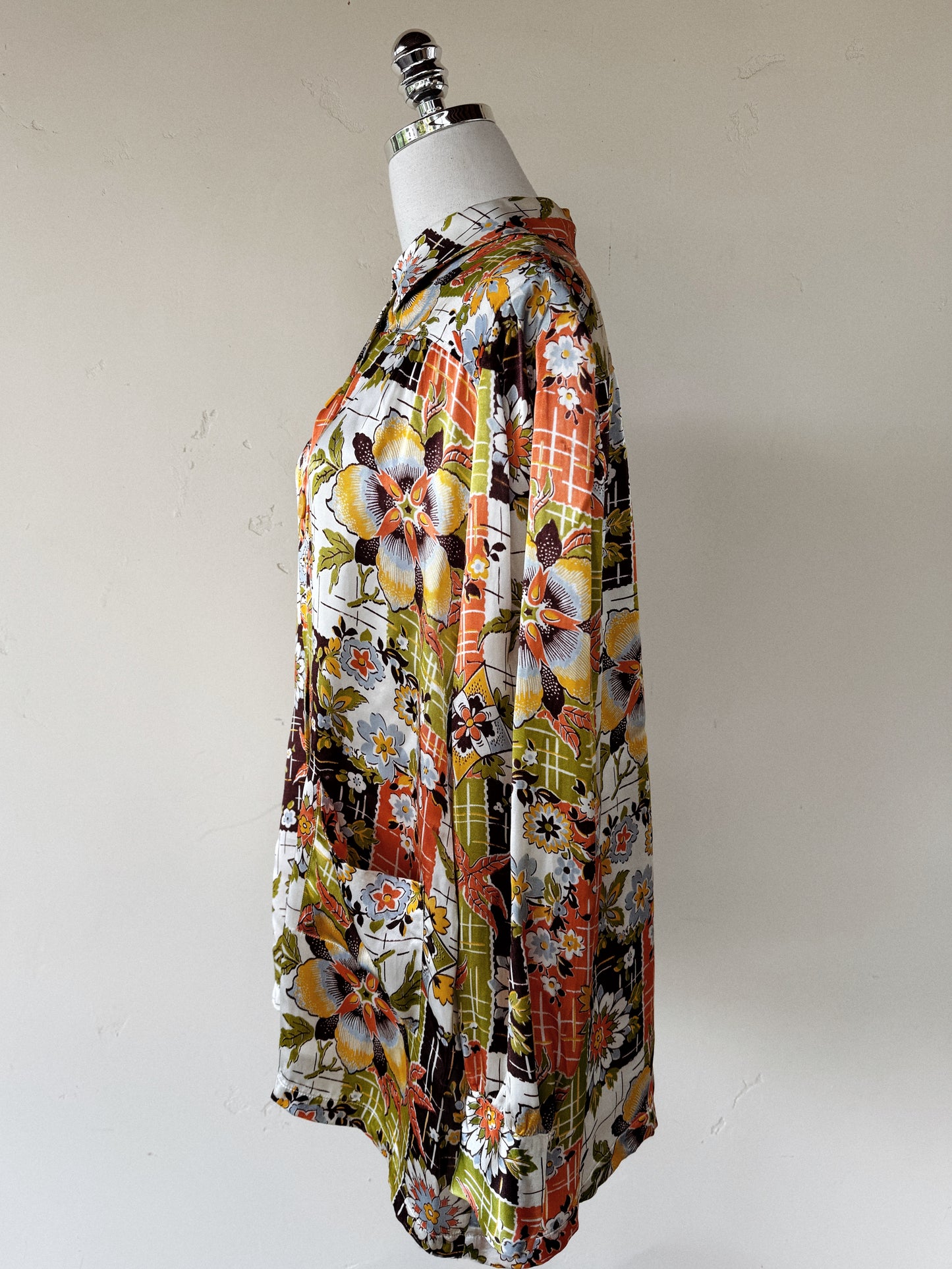 1940s Chartreuse + Orange Passionflower Satin Smock Jacket