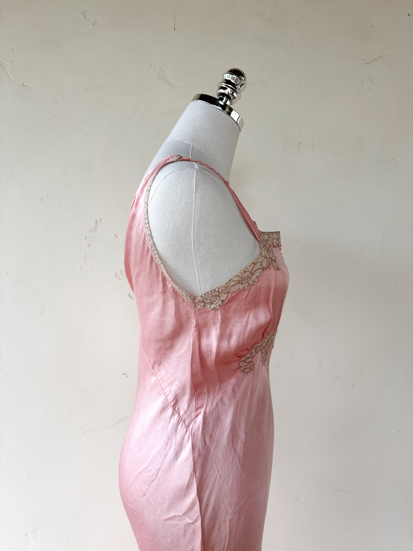 1930s/40s Pink Silk Asymmetrical Slip Dress w/ Lace- S-S/M